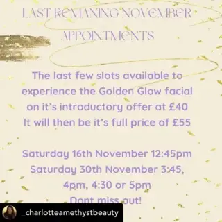 Posted @withregram • @_charlotteamethystbeauty If you want that ✨ 𝒢ℒ𝒪𝒲 ✨ this is the facial for you, super hydrating, collagen stimulating and leaving a smooth glowy complexion what’s not to love!
Limited availability to experience this amazing facial at its introductory price of £40, will usually be £55 

Book yours now!
Text 07880253605 or DM me on here or over on Facebook 🫶🏼
I can’t wait to hear from you 💜
Other treatments are available at these times too 💜
#facailtherapy #northyorkshirebeauty #northyorkshiresalon #pamper #facemask